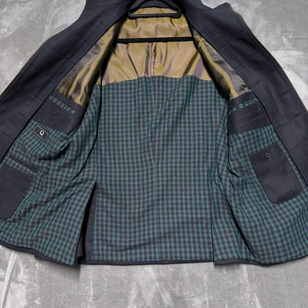 Q Mens Blazer Jacket 44R Navy Blue Zip‎ Inset Wool Plaid Lining Textured Coat